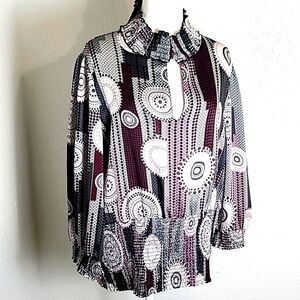 Piano Multicolor Geometric Print Top,Shirred Elastic,3 Button Loophole Collar,1X